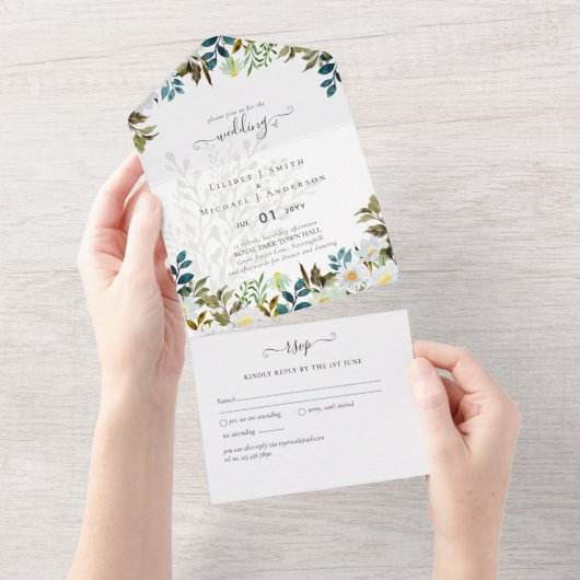 Madeliefjes Groene Bloemen Bruiloft All In One Uitnodiging (Afscheurbaar)