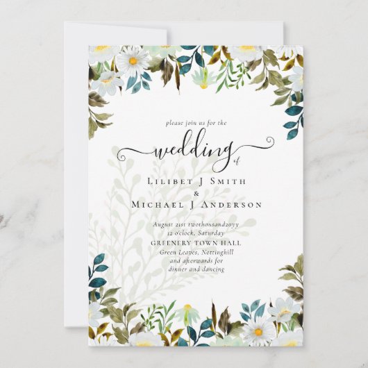 Madeliefjes Groene Bloemen Bruiloft Kaart (Voorkant)