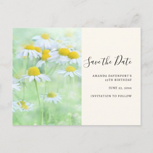 madeliefjes in een veldfoto De datum opslaan Uitnodiging Briefkaart (Voorkant)