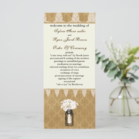 Madeliefjes in Mason Jar, Burlap Wedding Program Programmakaart (Staand voorkant)