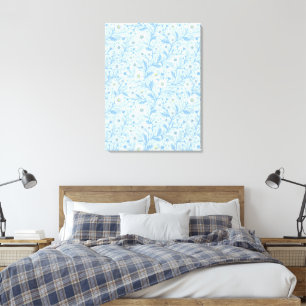 Madeliefjes in wit en blauw op zeeglas canvas afdruk