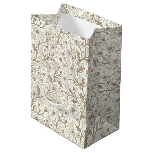 Madeliefjes in wit en bruin op gebroken wit medium cadeauzakje (Voorkant Gekanteld)
