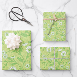 Madeliefjes in wit en groen op honingdauwgroen inpakpapier vel