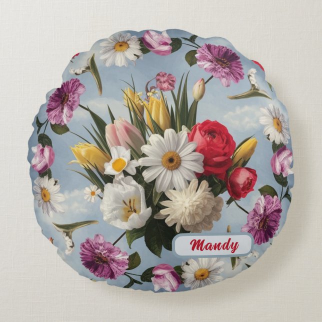 madeliefjes, lelies en tulpen rond kussen (Voorkant)