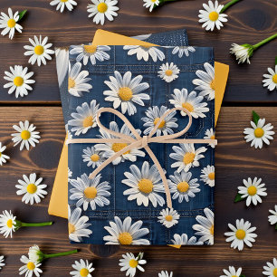 Madeliefjes op Blauwe Denim Verjaardag Inpakpapier Vel