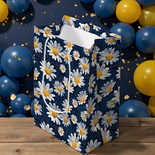 Madeliefjes op Blauwe Denim Verjaardag Medium Cadeauzakje