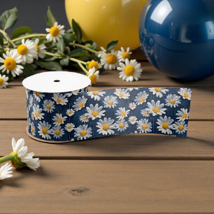 Madeliefjes op Blauwe Denim Verjaardag Satijnen Lint