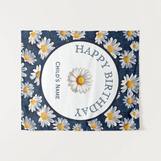 Madeliefjes op blauwe denim verjaardag wandkleed (Voorkant (horizontaal))