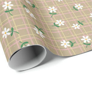 Madeliefjes op bruin ruitpatroon (grote schaal) cadeaupapier