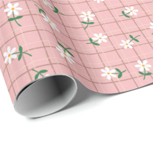 Madeliefjes op roze ruit (grote schaal) cadeaupapier