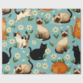 Madeliefjes Paws Parade – Speelse Katten & Bloemen Cadeaupapier