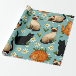 Madeliefjes Paws Parade – Speelse Katten & Bloemen Cadeaupapier