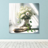 Madeliefjesboeket in een witte sneaker canvas afdruk (Insitu (Houten vloer))