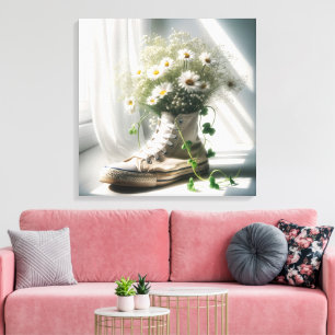 Madeliefjesboeket in een witte sneaker canvas afdruk