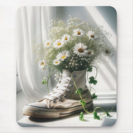 Madeliefjesboeket in een witte sneaker muismat (Voorkant)