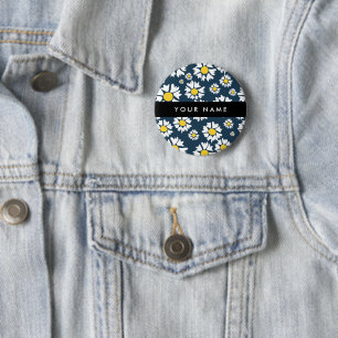 Madeliefjespatroon, Witte Madeliefjes, Uw Naam Ronde Button 5,7 Cm