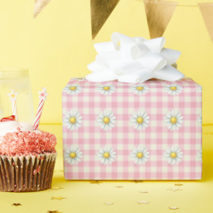 Madeliefjesrijen op roze geruite stof cadeaupapier