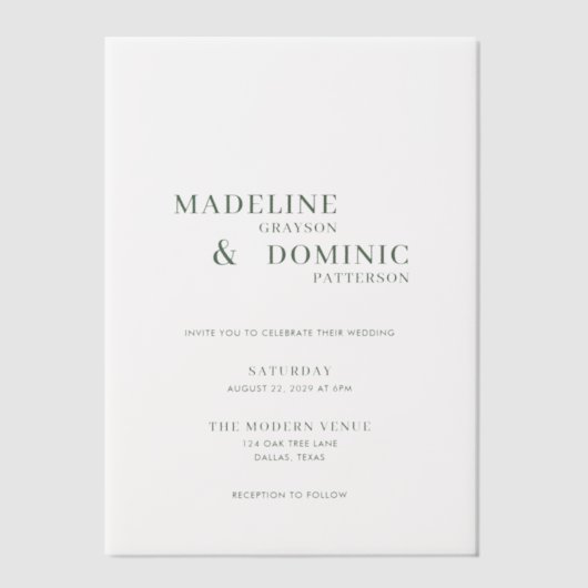 Madeline Bos Groen Eenvoudig Modern Bruiloft Vellum Uitnodigingen (Voorkant)