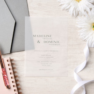 Madeline Forest Groen Eenvoudig Modern Trouwen Vellum Uitnodigingen