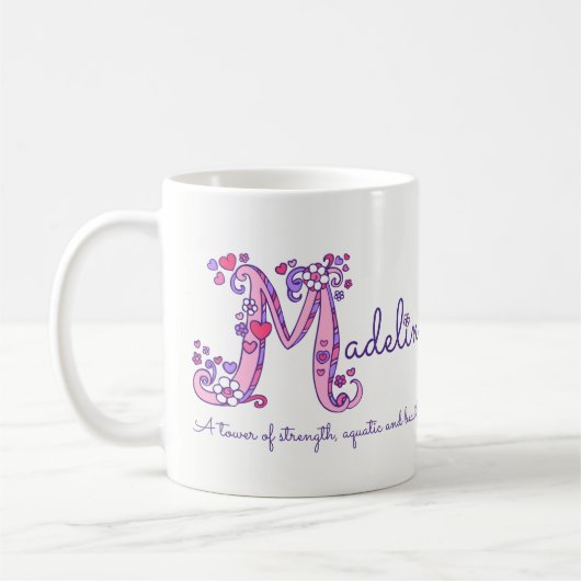 Madeline-naam die de letter M monogram-mok beteken Koffiemok (Links)