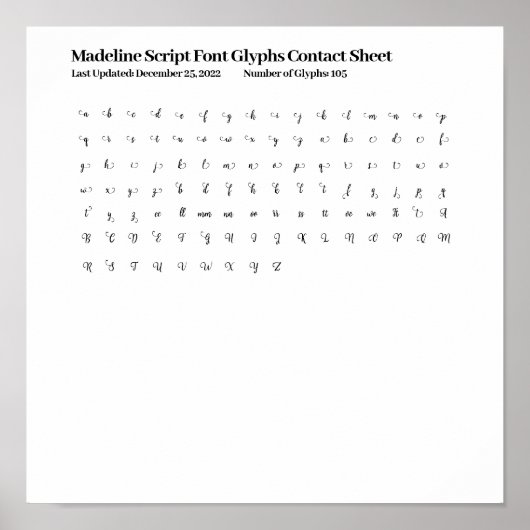 Madeline Script Lettertype Glyphs Contactblad Poster (Voorkant)