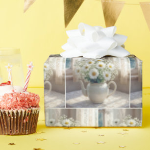 Madelliefjesboeket in een antieke theepot cadeaupapier