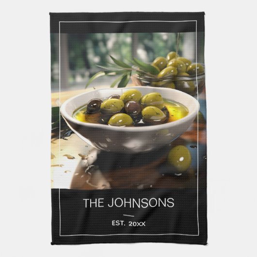 Madern Zwart Wit Foto & Familienaam Monogram Theedoek (Verticaal)