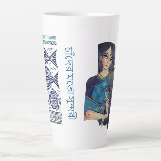 Madhubani blauwe vis en traditionele Lady Latte Mo Latte Mok (Voorkant)