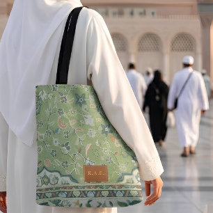 Madinah groene vloerkleedprint leerlook patch cade tote bag