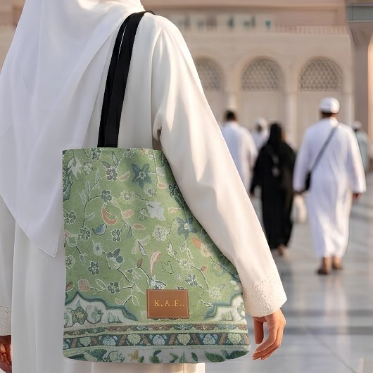 Madinah groene vloerkleedprint leerlook patch cade tote bag