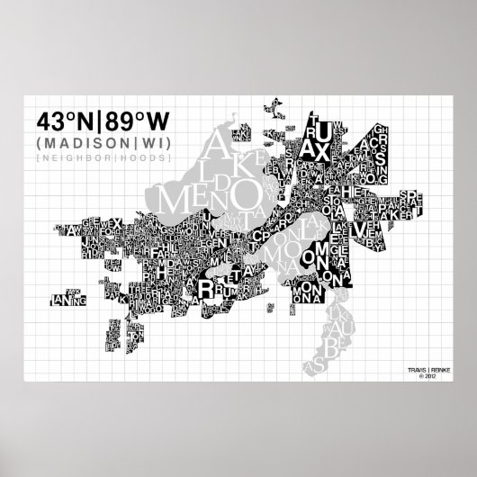 Madison Neighborhood Typography Map - B&W Poster (Voorkant)