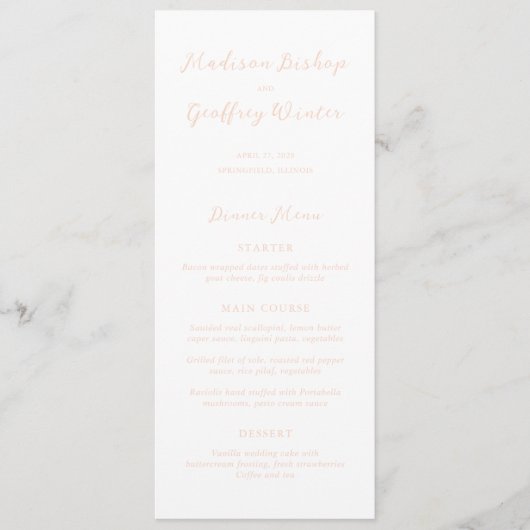 Madison Peach Elegant Wedding Menu (Voorkant)