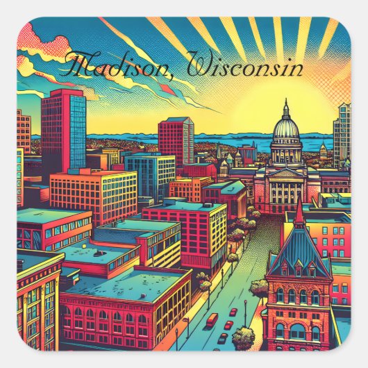 Madison, Wisconsin City Skyline bij zonsondergang Vierkante Sticker (Voorkant)