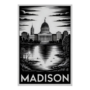 Madison Wisconsin Silhouette Zwart Wit Houtsnede Perfect Poster