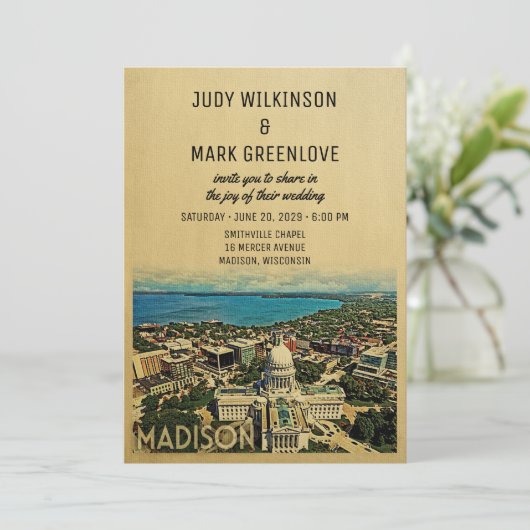 Madison Wisconsin Wedding Invitation Vintage Kaart (Staand voorkant)