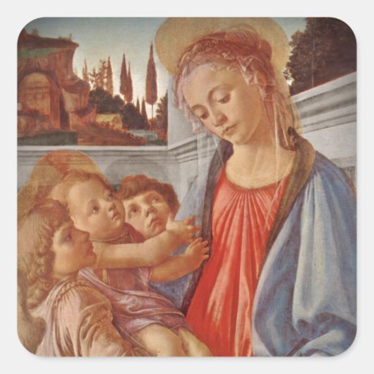 Madonna Christus Child en Two Angels Vierkante Sticker (Voorkant)