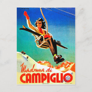 Madonna di Campiglio, vrouw op skilift, vintage Briefkaart