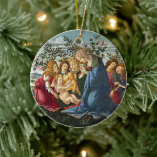 Madonna die het Kind met 5 engelen aanbidt Bottice Keramisch Ornament
