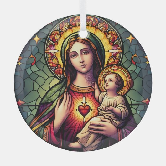 Madonna en Child Glas in lood Glas Ornament (Voorkant)