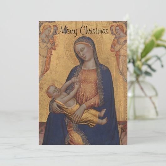 Madonna en Child Merry-kerstgoud Feestdagenkaart (Staand voorkant)