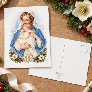 Madonna en Kind Kerstkaart met Gouden IHS Feestdagenkaart