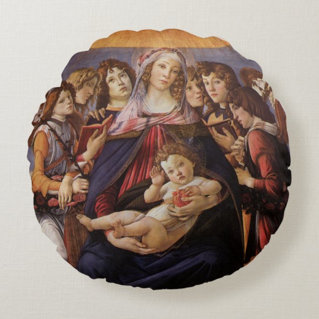 Madonna en kind met engelen van Sandro Botticelli Rond Kussen (Voorkant)