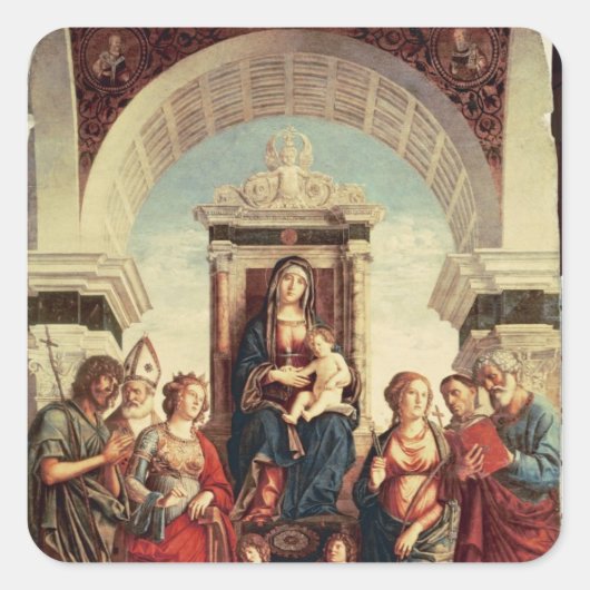 Madonna en kind met heiligen vierkante sticker (Voorkant)