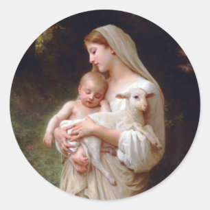 Madonna en kind met lammeren ronde sticker