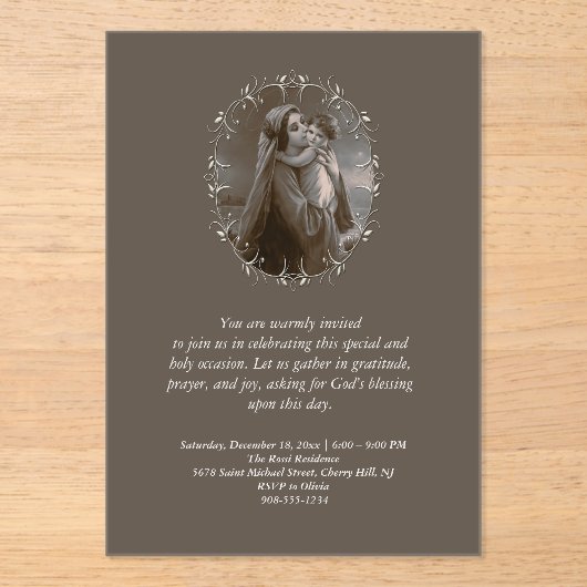  Madonna en kind met zilveren Lijst Acryl Uitnodigingen (Voorkant)