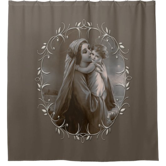 Madonna en kind met zilveren Lijst Douchegordijn (Voorkant)