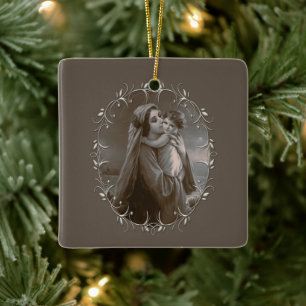Madonna en kind met zilveren Lijst Keramisch Ornament