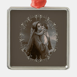 Madonna en kind met zilveren Lijst Metalen Ornament