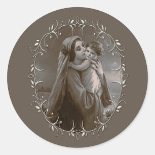 Madonna en kind met zilveren Lijst Ronde Sticker