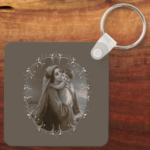Madonna en kind met zilveren Lijst Sleutelhanger